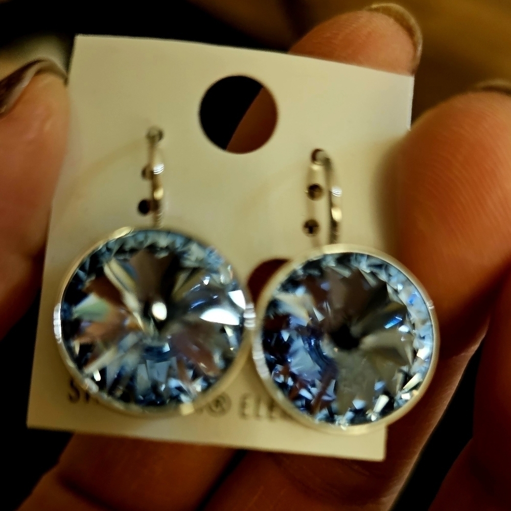 New! Swarovski Element Earrings 15mm Aqua Blue Work‎ Party. Weddings Minimalist.